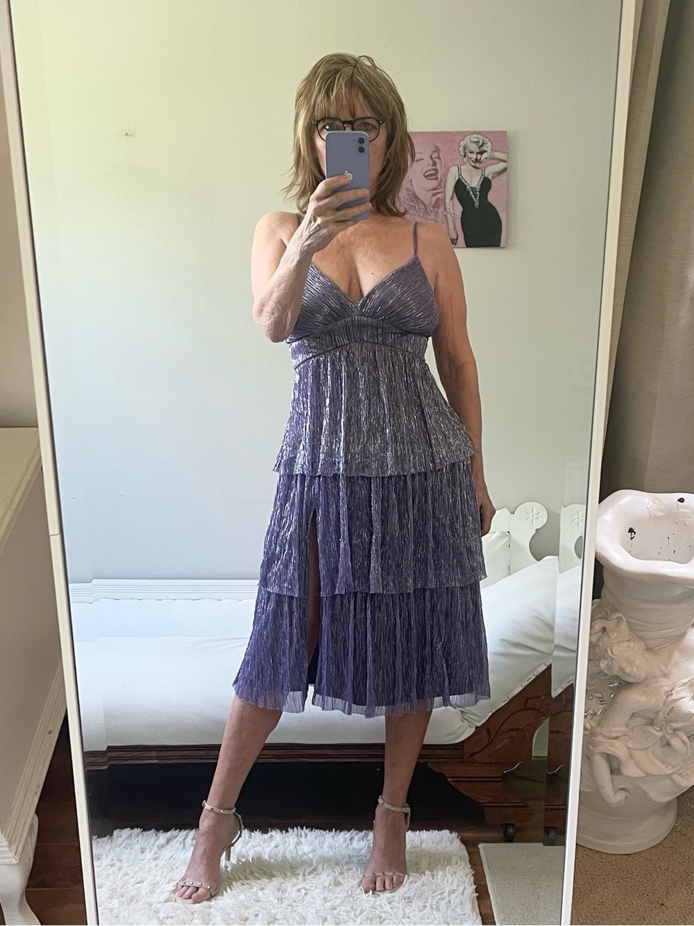 VINTAGE TRIXXI PURPLE SILVER METALLIC FLOUNCED LAYERED DRESS SIDE SLIT SHIMMERY